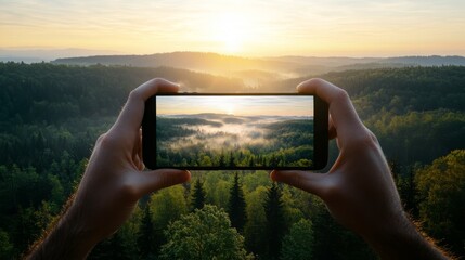 Hands holding smartphone capturing misty sunrise over dense green forest landscape view