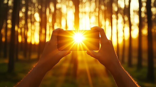 Hands holding smartphone capturing bright sun flare in blurred sunset forest background