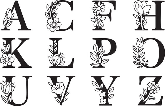 Black floral alphabet letters A C F H K L P O U V Y Z with delicate flower and leaf embellishments