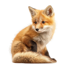 Obraz premium Curious fox red fur fluffy tail sitting pose isolated transparency background wild animal soft light detailed fur natural color with gentle charm and quiet focus, evoking calm woodland mood