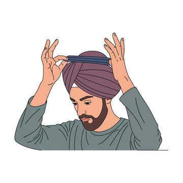 A young man tying his traditional turban on his head in a flat vector illustration style.