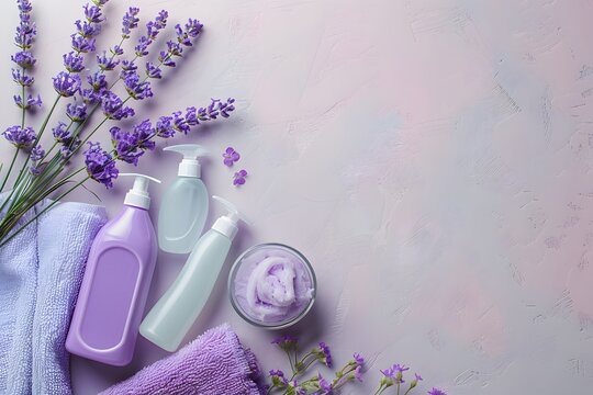 A soothing setup featuring lavender flowers, various creams, and soft towels on a gentle pastel surface. Perfect for a calming spa day or self-care routine, enhancing relaxation