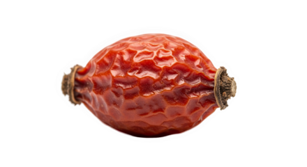 Dried rose hip with wrinkled red surface, oval shape, and brown sepals—textured and botanical, ideal for plant studies or natural remedy reference