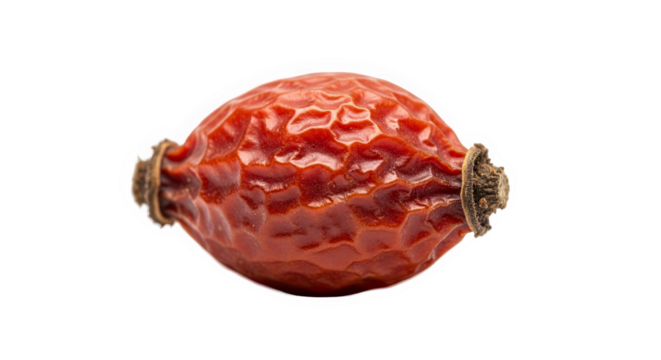 Dried rose hip with wrinkled red surface, oval shape, and brown sepals—textured and botanical, ideal for plant studies or natural remedy reference