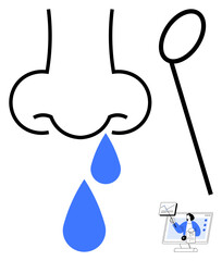 Runny nose concept. Depiction of nasal discharge and its medical investigation. Runny nose symptom analysis, diagnosis processes, and monitoring. Suitable for healthcare, medical research
