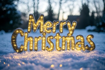 A glittering "Merry Christmas" banner with gold letters, set against a snowy outdoor backdrop