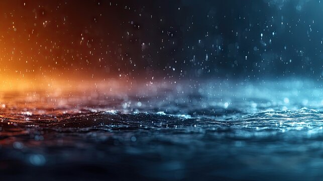 A close-up view of dark, rippling water with numerous small raindrops falling and creating splashes. The scene is illuminated by a dramatic contrast of warm ora