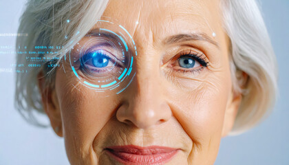 An older woman smiles, revealing a digital eye enhancement overlay that signifies advances in technology and vision care