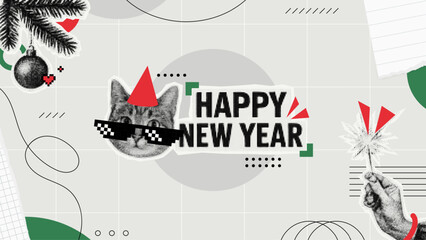 Happy New Year card with a cool cat in sunglasses, Christmas tree ornament, and hand holding a sparkler. Funny holiday poster design with vector elements.