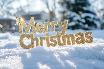 A glittering "Merry Christmas" banner with gold letters, set against a snowy outdoor backdrop
