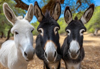 Fototapeta premium donkeys in the natural environment of a spanish finca, including one white donkey and two black ones