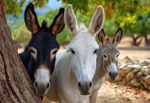 donkeys in the natural environment of a spanish finca, including one white donkey and two black ones