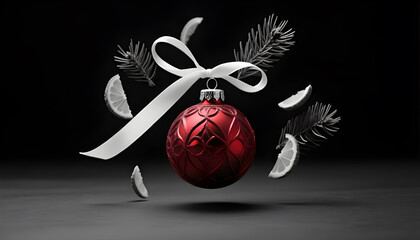 Christmas Ornament with Ribbon Pine Needles and Lemon Slices in Monochrome with a Pop of Red