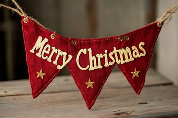 A handcrafted red triangle-shaped banner featuring each letter of "Merry Christmas" on individual pennants, adorned with gold accents