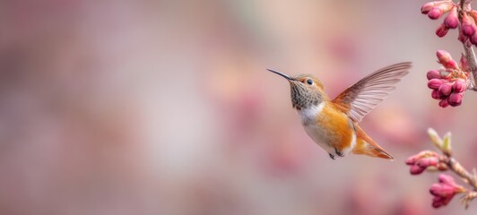 Fototapeta premium Hummingbird in Flight Gathering Pollen from Flower Buds with Spacious Composition and Ample Room for Text