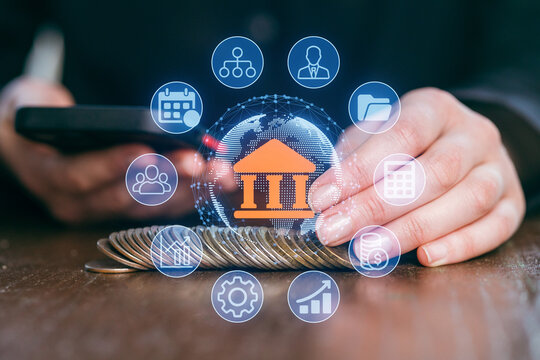 Digital banking transformation with smartphone technology and financial symbols in a global context