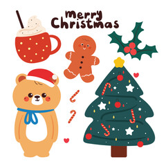 cute cartoon bear with Christmas element drawing sticker set