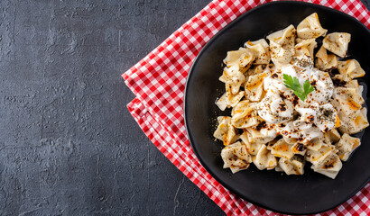 Traditional Turkish dish manti. Traditional dish made with handmade dough and minced meat.