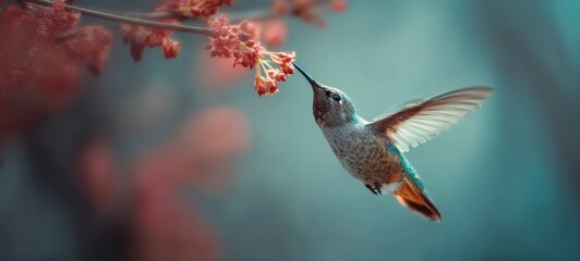 Fototapeta premium Hummingbird in Flight Gathering Pollen from Flower Buds with Spacious Composition and Ample Room for Text