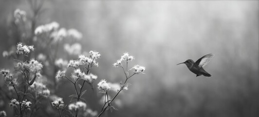 Fototapeta premium Hummingbird in Flight Gathering Pollen from Flower Buds with Spacious Composition and Ample Room for Text