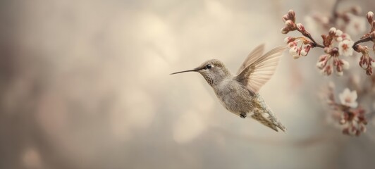 Fototapeta premium Hummingbird in Flight Gathering Pollen from Flower Buds with Spacious Composition and Ample Room for Text