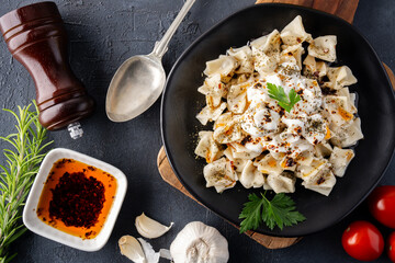 Traditional Turkish dish manti. Traditional dish made with handmade dough and minced meat.