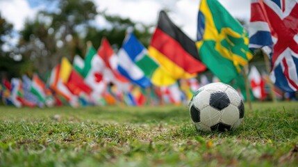 Stunning photo of numerous flags and soccer ball on grass.