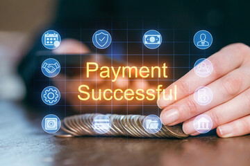 Successful digital payment process with smartphone and coins on table