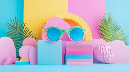 Vibrant and playful summer still life showcasing stylish green-pink gradient sunglasses with reflective blue lenses, artfully arranged amidst pastel geometric shapes, abstract forms, and lush tropical
