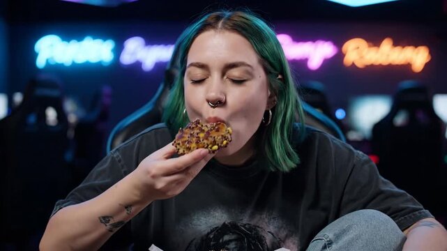 Woman with green hair eating a cookie in a neon-lit setting