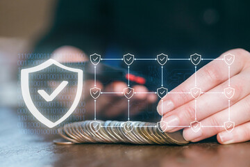 Coins and cybersecurity come together in a secure financial management scene
