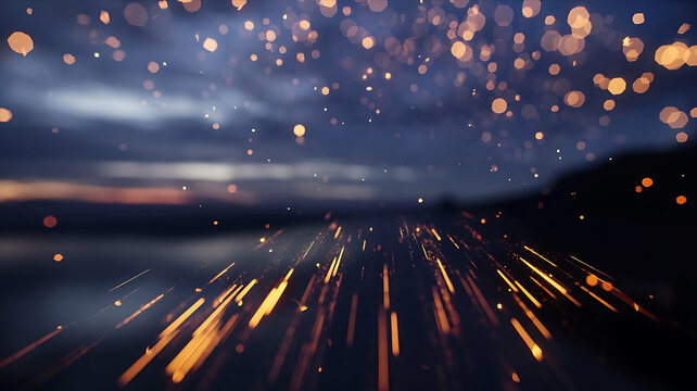 Abstract golden light trails and bokeh over a blurry landscape for dreamy backgrounds