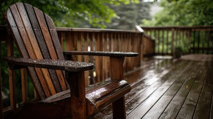 Fototapeta premium Stunning photo of wooden Chair on Rainy Deck.