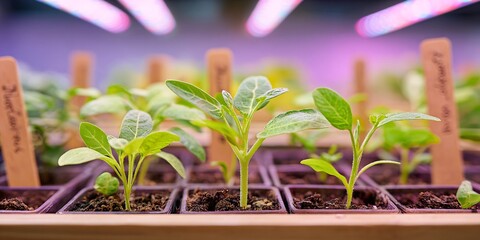 Detailed look at unusual seedlings growing in soil, illuminated by lights