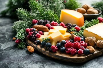 A holiday charcuterie board with cheese, nuts, berries, and festive decorations 