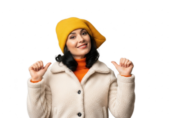 Woman in yellow beanie and beige coat, isolated on transparent background