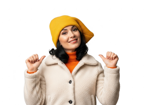 Woman in yellow beanie and beige coat, isolated on transparent background