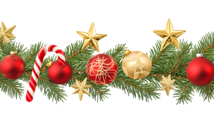 Festive christmas garland with ornaments candy cane and stars on evergreen branches