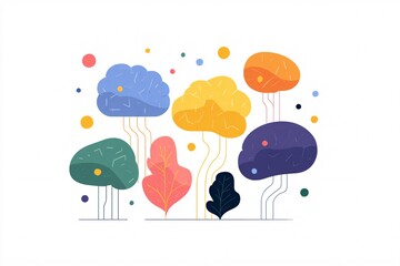 Illustration shows colorful, stylized brains among leaves and circles, symbolizing neurodiversity