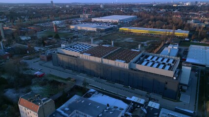 Large Data center building, urban landscape. Great aerial view flight drone - Powered by Adobe