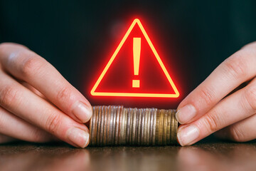 Warning about financial risks with stacked coins and alert symbol glowing brightly