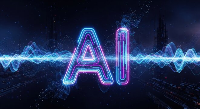 AI Neon Glow Background. Futuristic tech letters with holographic energy.