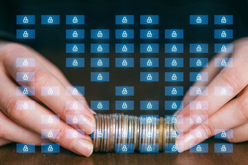 Secure management of personal finance with coins and digital safety elements in a modern workspace