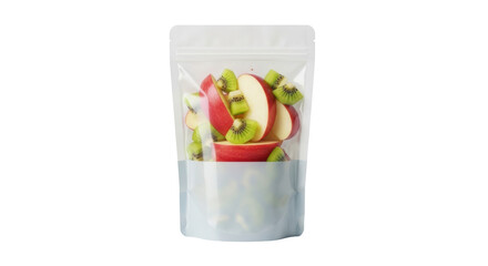 Sliced red apples and kiwi in a clear plastic bag isolated PNG, healthy snack for kids and adults on transparent background