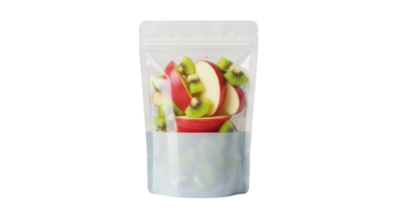 Sliced red apples and kiwi in a clear plastic bag isolated PNG, healthy snack for kids and adults on transparent background