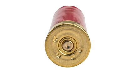Red shotgun shell isolated PNG, ammunition for hunting or sport shooting, cartridge with brass base on transparent background