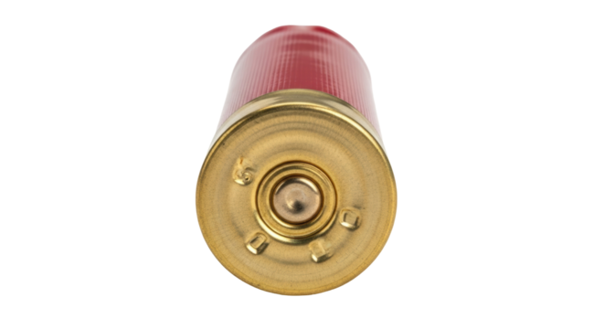 Red shotgun shell isolated PNG, ammunition for hunting or sport shooting, cartridge with brass base on transparent background