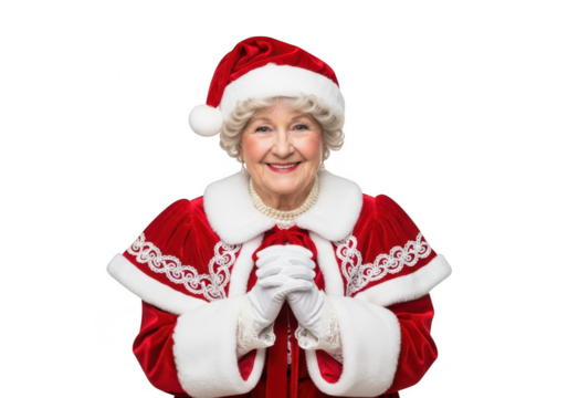 Mrs. claus smiling with hands clasped, isolated on transparent background - Powered by Adobe
