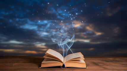 Open book with magical smoke and stars on a wooden table against a night sky backdrop
