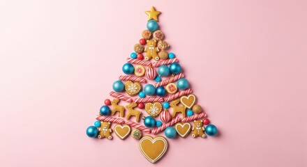 Christmas tree made of gingerbread cookies and ornaments on pink background